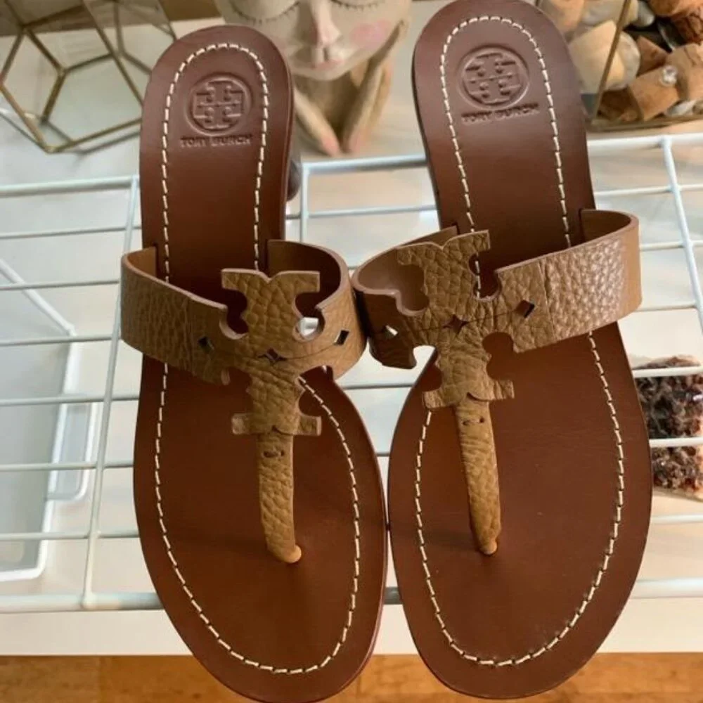 Tory Burch - Tan Logo Thong Leather Sandals w Heel